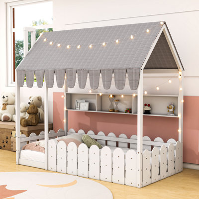 Lit en bois avec lumières et 3 tablettes
