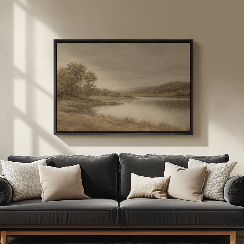 Art mural sur toile encadrée - Paysage de rivière tranquille avec arbres et Rolling Hills dans des tons neutres chaleureux - 16 po x 24 po, 24 po x 36 po