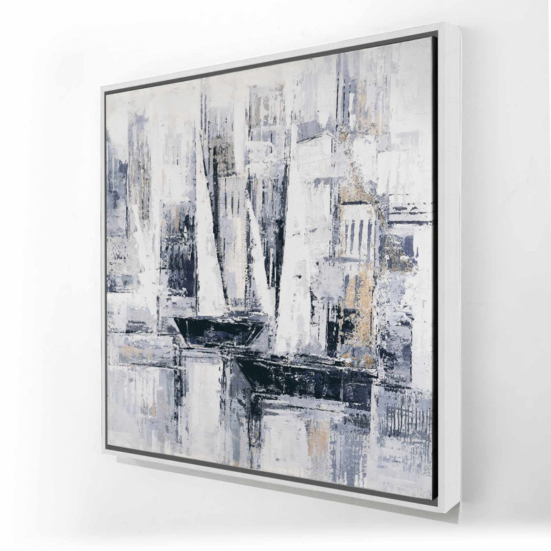 Voiliers de style industriel | Toile côtière bleue, H 25,25 po x l 25,25 po, Bleu / doré, Blanc