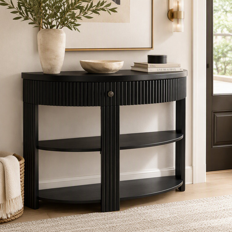 Console cannelée demi-lune avec tiroir et tablettes, Black