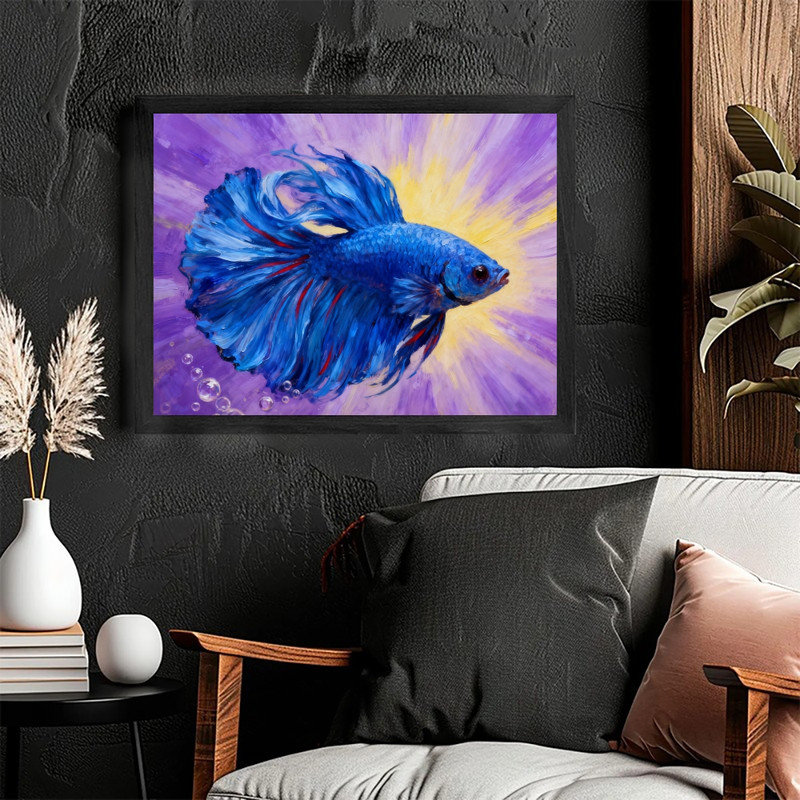 Art encadré noir avec poisson bleu, impression impressionnante de peinture aquatique impressionniste, H 17 po x l 25 po