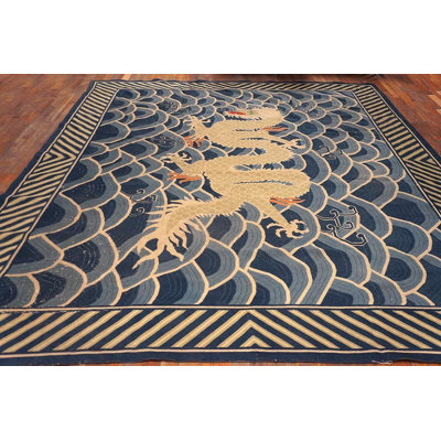 Antique English Pontremoli Needlepoint Rug With a Unique Dragon in the Centre 8'8" x 10'0" Area Rug