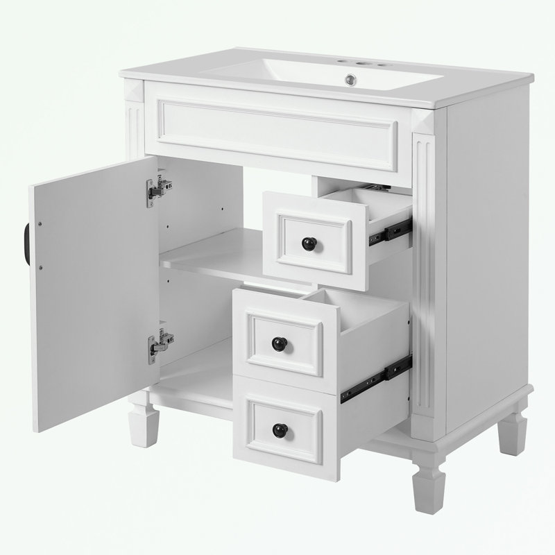 Meuble-lavabo avec lavabo en céramique, 2 tiroirs et tablette réglable, Blanc