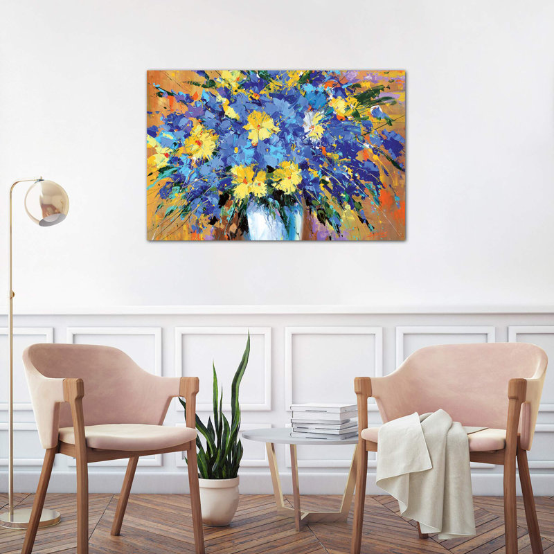 Blue Flowers by Dmitry Spiros - Painting on Canvas, 66.04 cm H x 45.72 cm W x 1.91 cm D, Wrapped Canvas