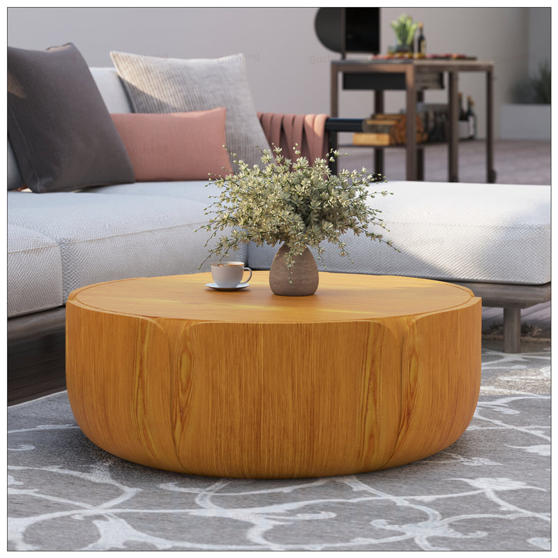 Table basse ronde d'intérieur pour l'extérieur, conception moderne à grain de bois, robuste et imperméable, sans assemblage requis pour le patio et le salon