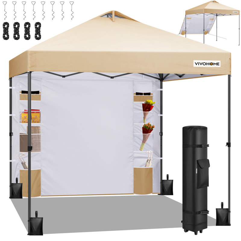 8x8ft Pop Up Canopy Tent with Detachable Sidewall, Beige, 10ft x 10ft