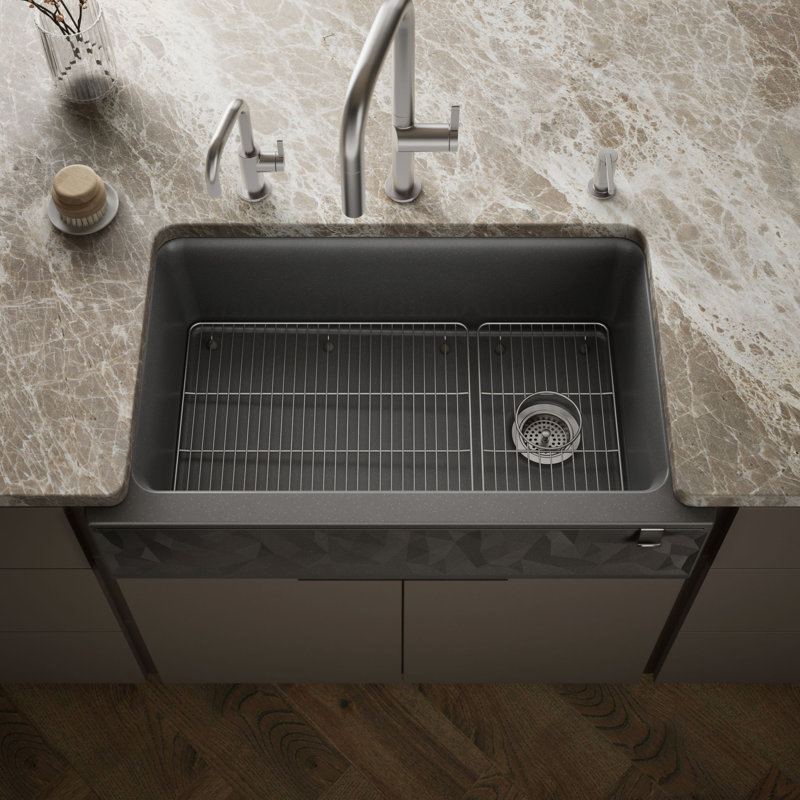 Cairn Undermount Single-Bowl Farmhouse Kitchen Sink, Matte Graphite, Faceted