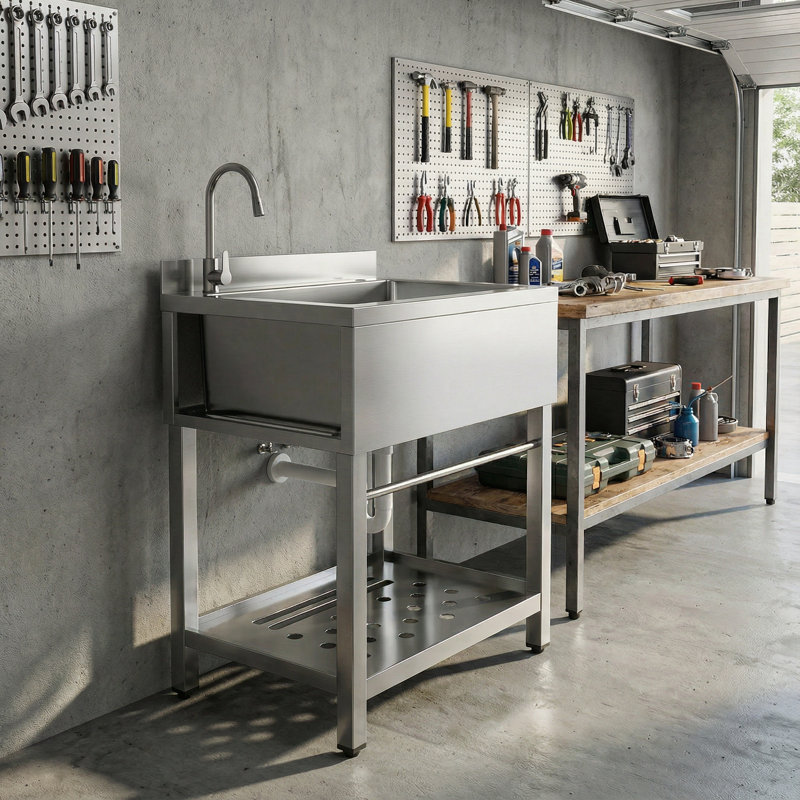 Évier pratique en acier inoxydable, évier de cuisine à simple cuve de 30,7 pouces (environ 76,2 cm) avec tuyaux d'eau froide et d'eau chaude, type P standard, convenant à une salle de lavage
