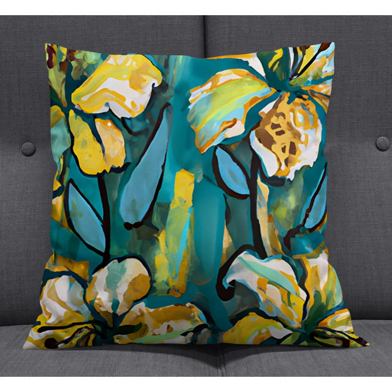 Throw Pillow With Insert, Blue/Yellow Floral/Abstract 2, 18"H x 18"W