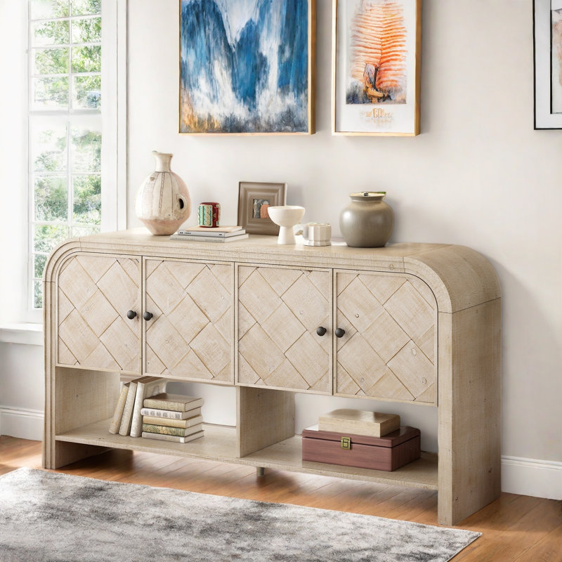 Versatile Console Table With Woven Wood Slats, 4 Doors, Storage Shelves And Round Knobs, Beige/Brown