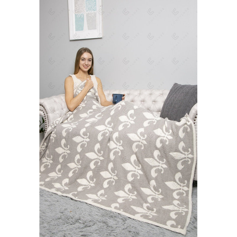 Fleur-De-Lis Pattern Luxury Soft Throw Blanket, Gray