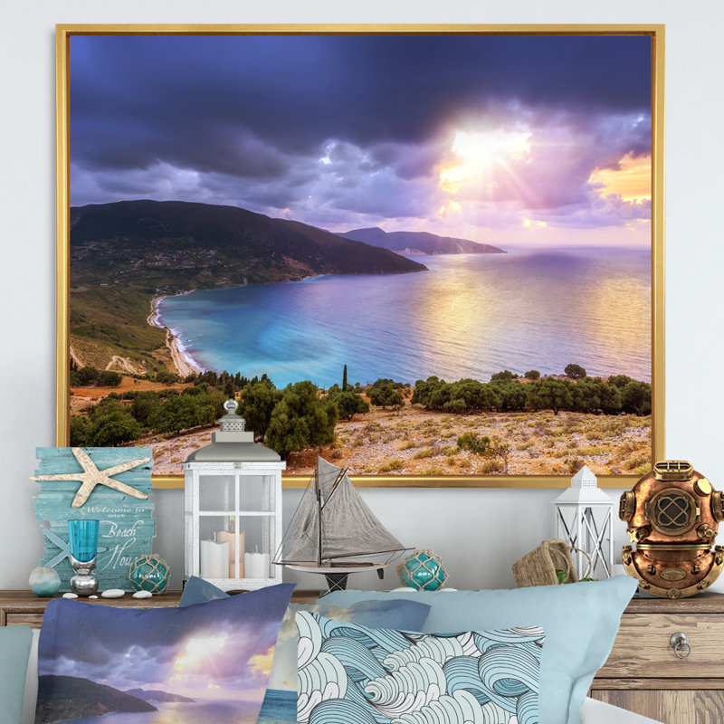 Été coucher de soleil sur la mer - art mural sur toile nautique et côtier, H 32 po x l 16 po x P 1 po, Cadre flottant doré