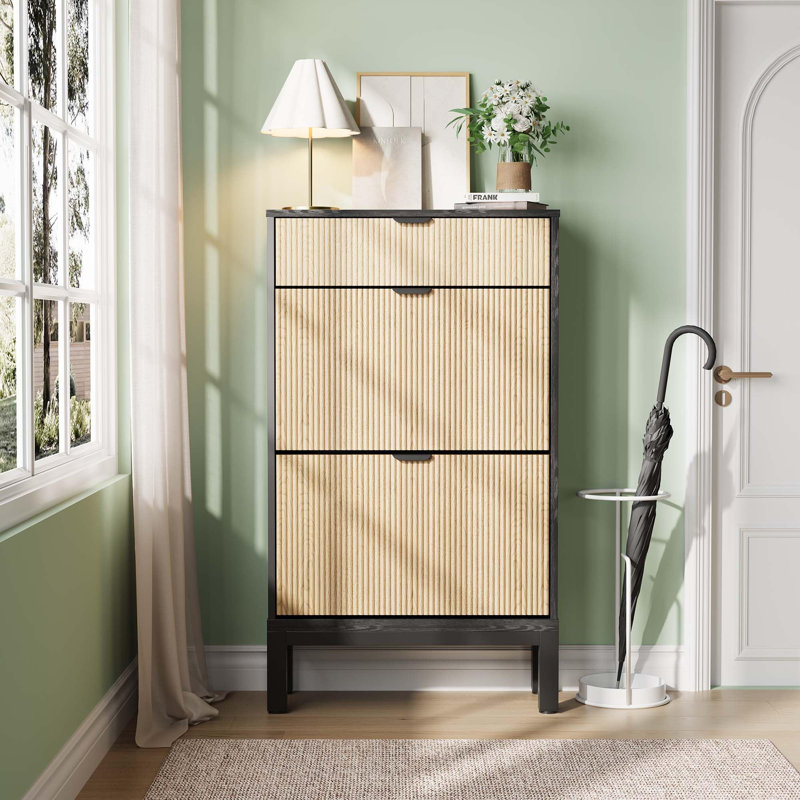 Fluted Shoe Cabinet with 2 Flip Doors & Drawer, Slim Hidden Shoe Storage with Iron Legs for Entryway, Black & Oak