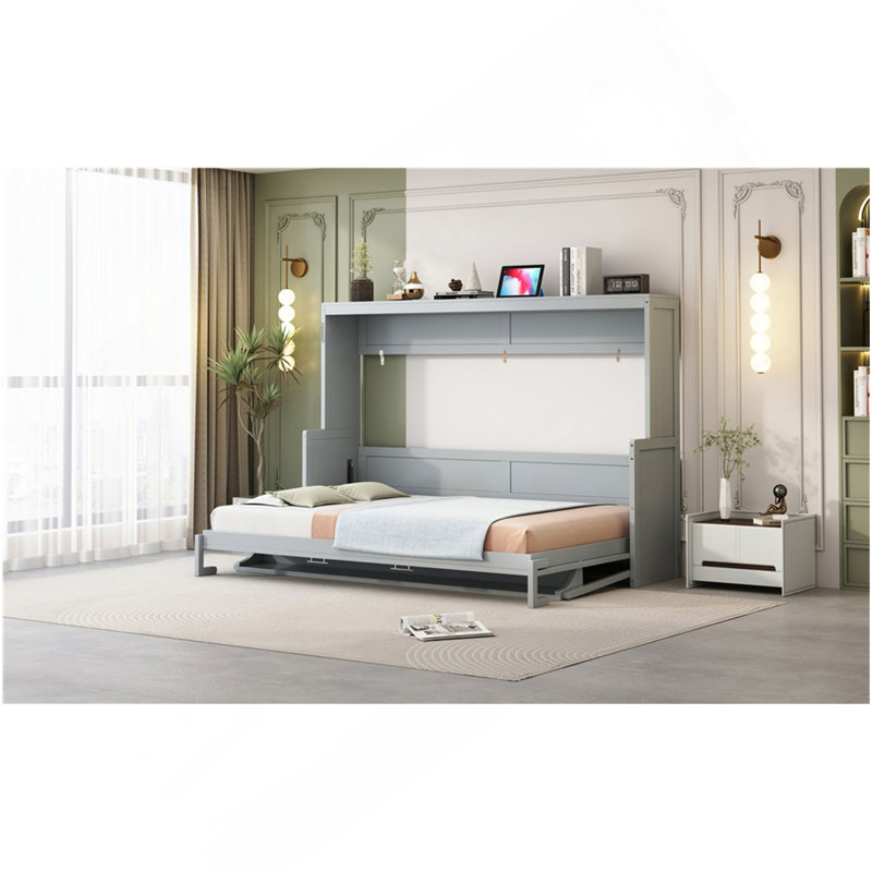 Grand lit escamotable avec bureau à levage hydraulique, gris, Gris, Grand lit