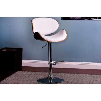 White Modern Swivel Lift Adjustable Height Bar Stool, Contemporary Design, Pedestal Base 36 - 44 Inches, Curved Seat And Back, Walnut Finished Frame, Padded Seat, 21 Inches Wide Deep Stool With For