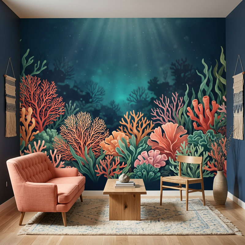 Papier peint bleu foncé récif corail foncé, Non tissé, 120 po x 96 po