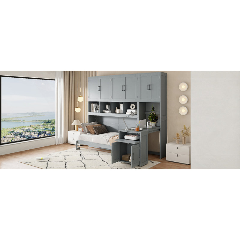 Lit escamotable simple avec placard et tiroirs, Gris