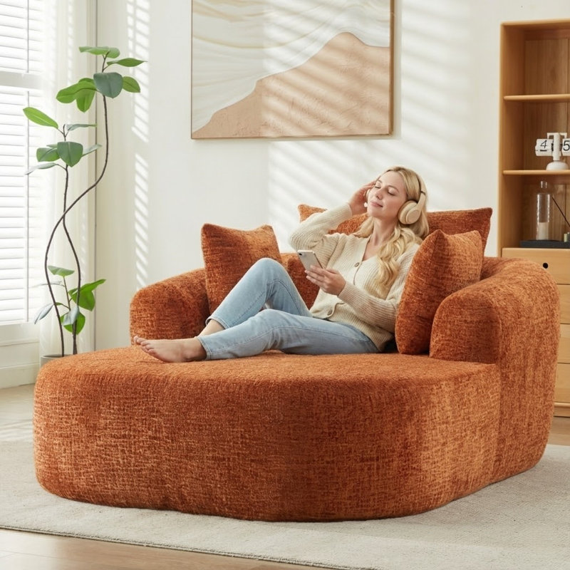 49.6" Oversized Chaise Lounge Chair, Compression Chenille Sleeper Sofa Bed, Comfy Upholstered Floor Couch with Armrests & Throw Pillows, No Assembly Required for Home, Bedroom and Office