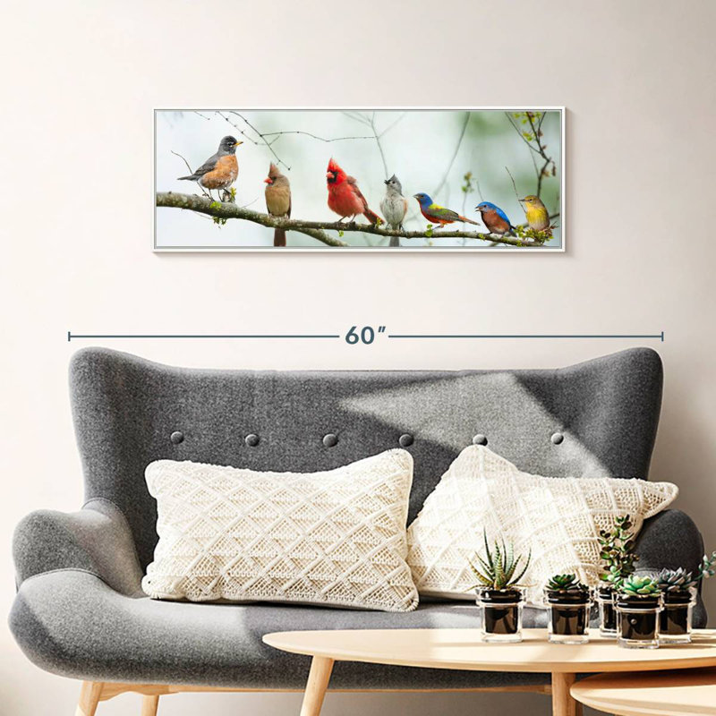 Rassemblement d'oiseaux, 37 po x 13 po, Cadre flottant blanc