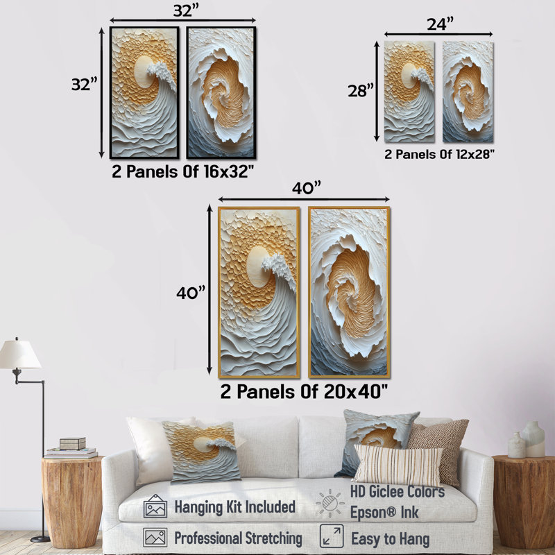 Beige et blanc lever de soleil abstrait vagues I - abstrait spirales murales, ensemble de 2 pièces, H 40 po x l 40 po