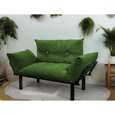 Causeuse kaki - Futon petit espace. Les pieds hauts permettent un sous-nettoyage facile. Disponible en différentes couleurs. Assemblage avec manuel inclus. Aucun outil supplémentaire requis. Fabriqué en métal, rembourré de mousse.