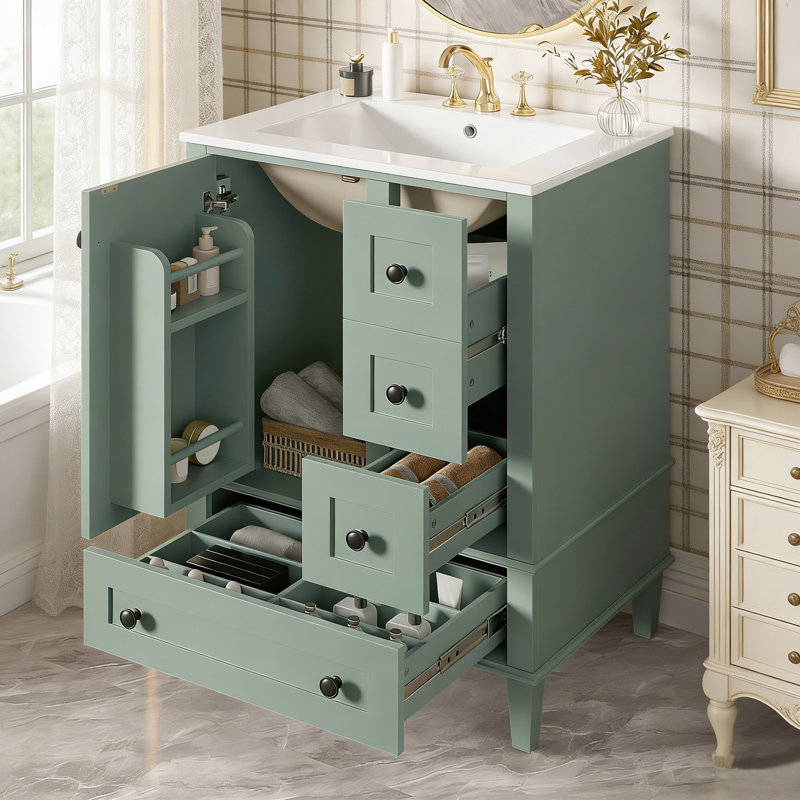 24'' Single Bathroom Vanity With Ceramic Top, Light Green