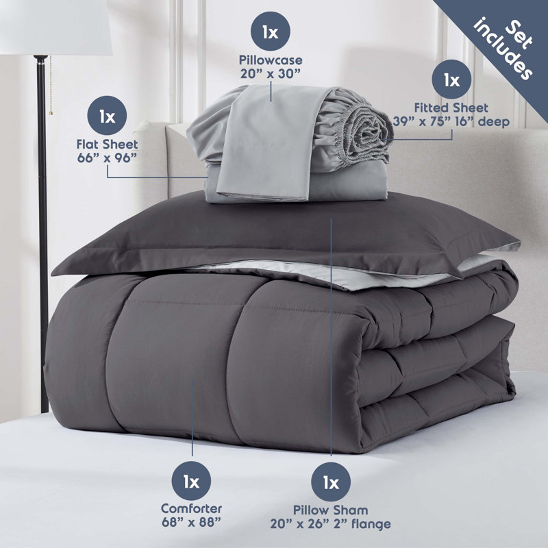 Ensemble d'édredon réversible avec draps Bed-in-a-bag, Édredon simple + 5 pièces supplémentaires, Gris foncé