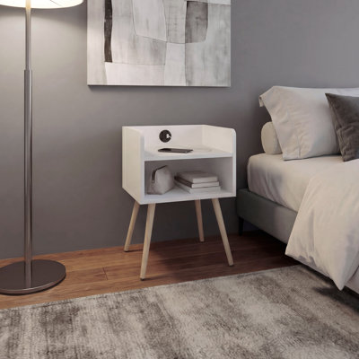 Modern Nightstand with Integrated USB Charging Station, 2-Tier Open Storage Shelves and 4 Legs