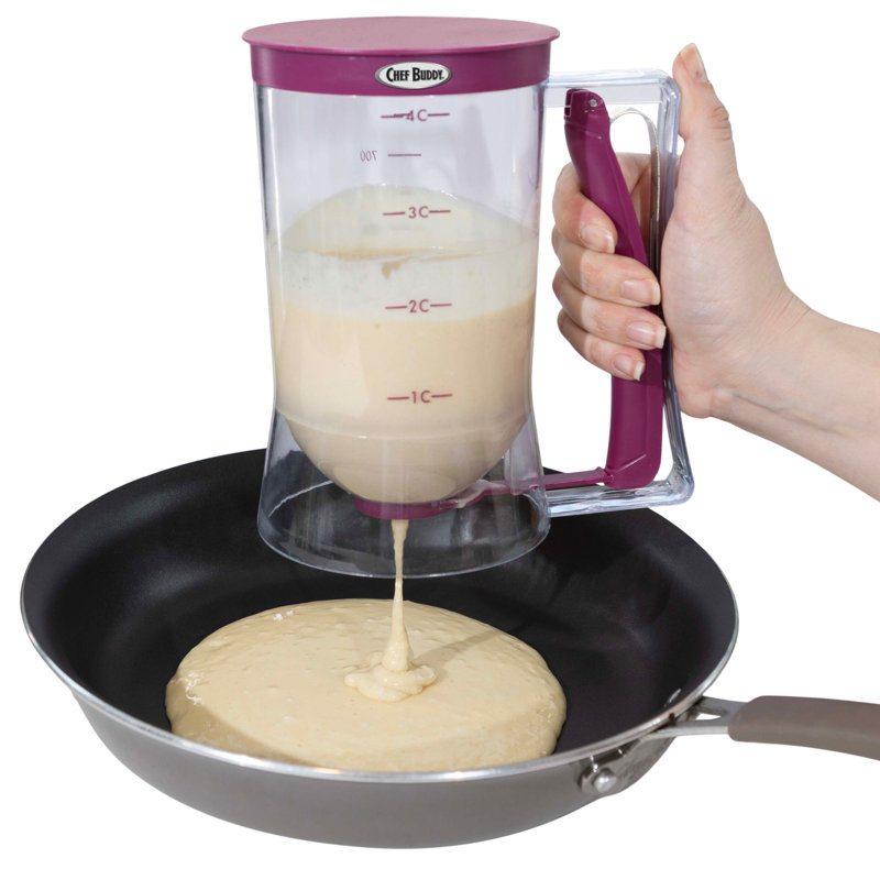 Purple 4-Cup Plastic Pancake Batter Dispenser with Squeeze Handle