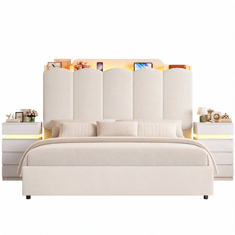 Ensembles de chambre à coucher de grand lit 3 pièces avec tête de lit à DEL et station de charge intégrée, Crème / Blanc