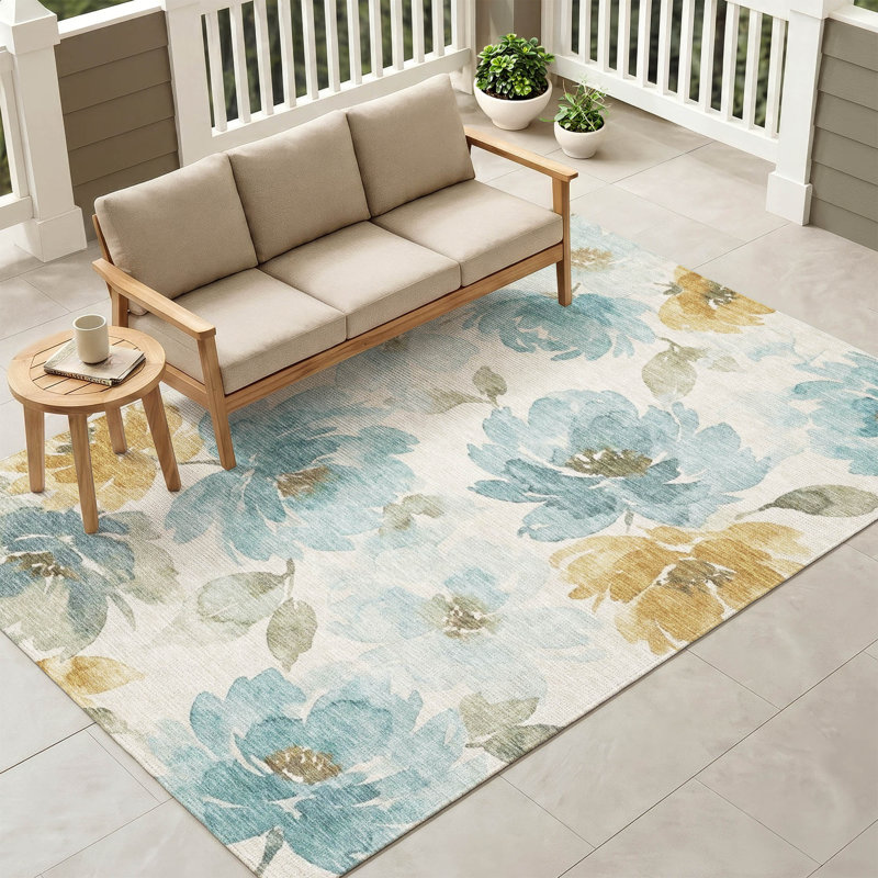 Tapis Chantille ACN3014 à motif floral, lavable à la machine, pour intérieur et extérieur, Ivoire ivoire, 9 pi x 12 pi