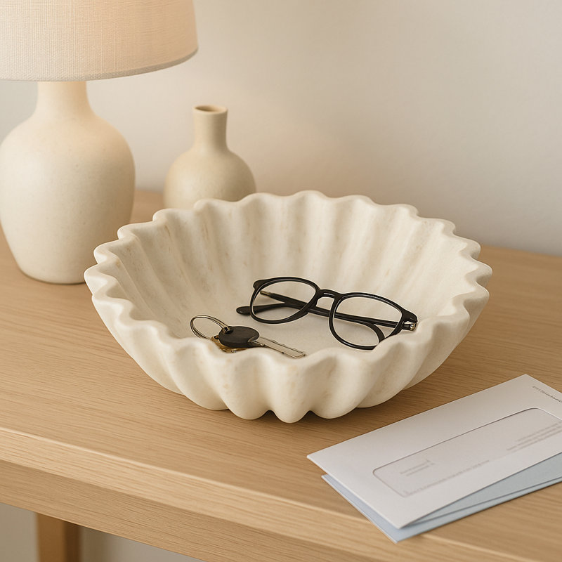 Pottery & Paper Mache Decorative Bowl - Modern Glam Fluted Design - 13" Ivory & Tan Accent For Home, Office, Bedroom, Or Living Room