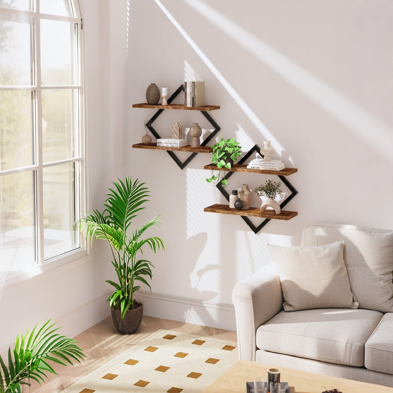 Diamond Frame 2-Tier Floating Shelves Set - Double Layer Hanging Storage For Industrial Chic Spaces, Brown Wood;Black