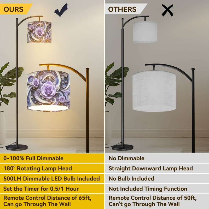  Lampe sur pied Arc Elegant Mauve Rose Floral Tourbillon Abstrait Grand Moderne Lampe sur pied DEL Abat-jour réglable en lin 3 températures de couleur