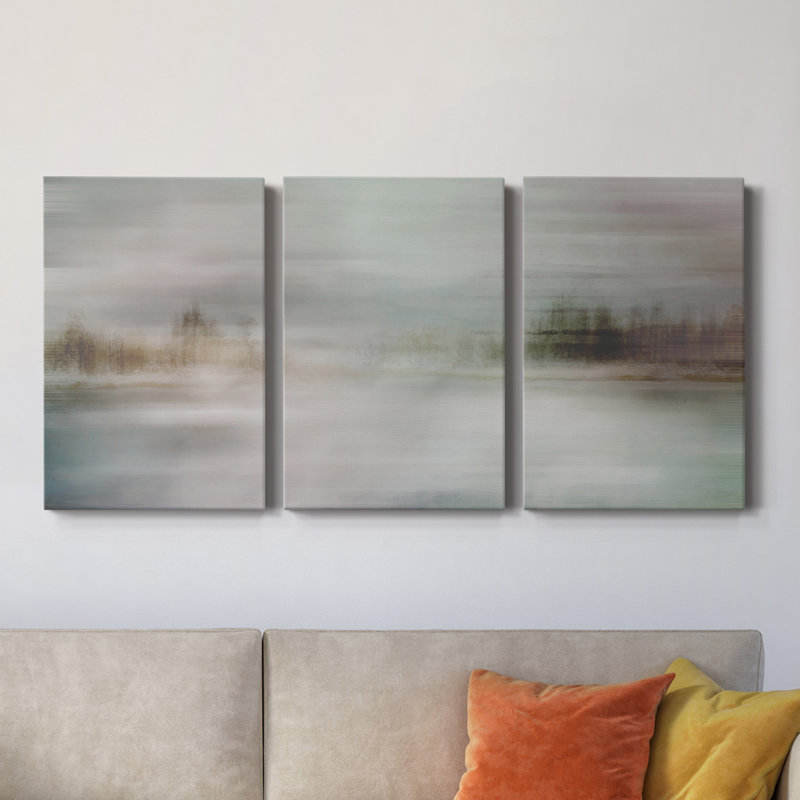 Misty Lake - Toile tendue avec châssis de qualité supérieure - prête à être accrochée, H 48 po x l 96 po x P 1 po