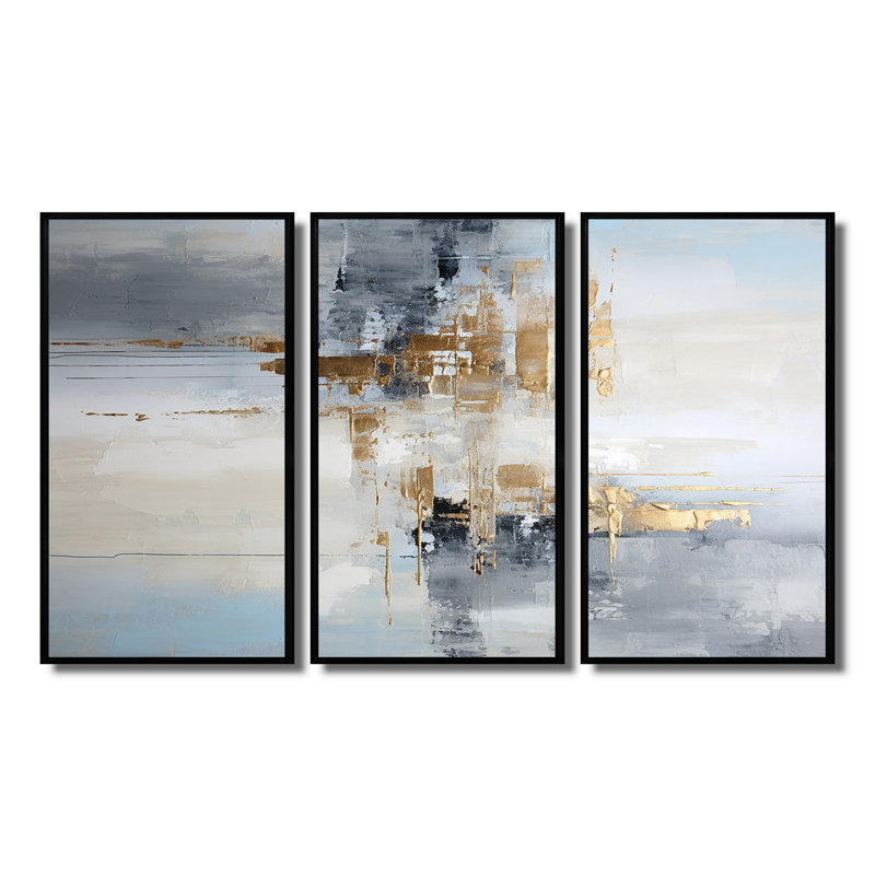 «Gold Memories On Faded Blue», ensemble de décorations murales abstraites, Cadre flottant noir, H 28 po x l 36 po x P 1 po