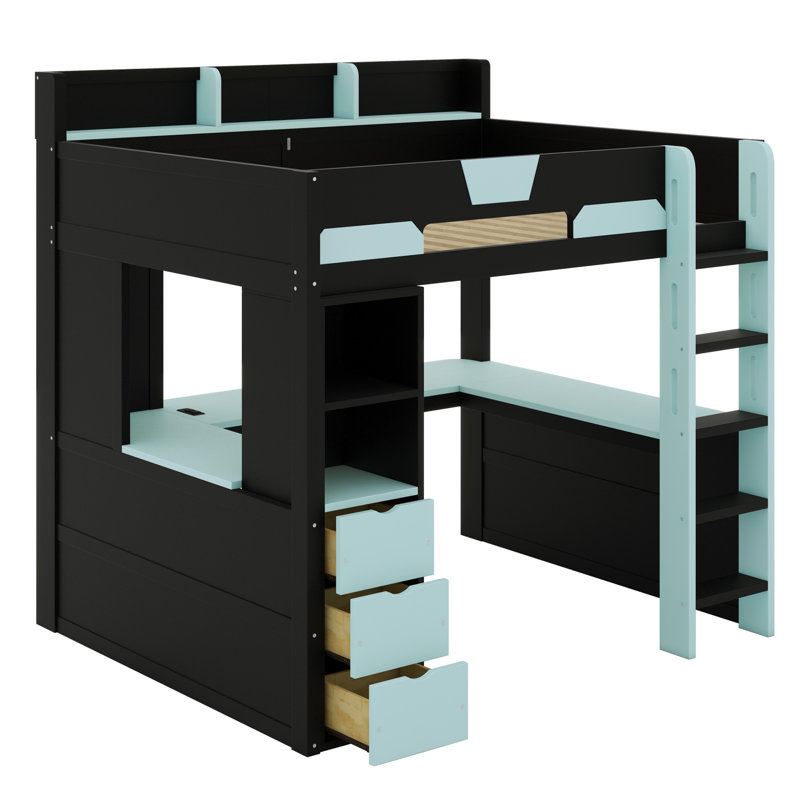 Lit mezzanine multifonctionnel, bureau de jeu en U, lumières RVB, ports USB, tiroirs et tablettes, Full, Black+Blue