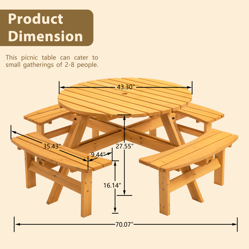 Repas de camping extérieur pour 8 personnes, création en bois massif, table de 43,3 pouces, quatre bancs, ensemble de fixation pour 2 parasols, bois de sapin,