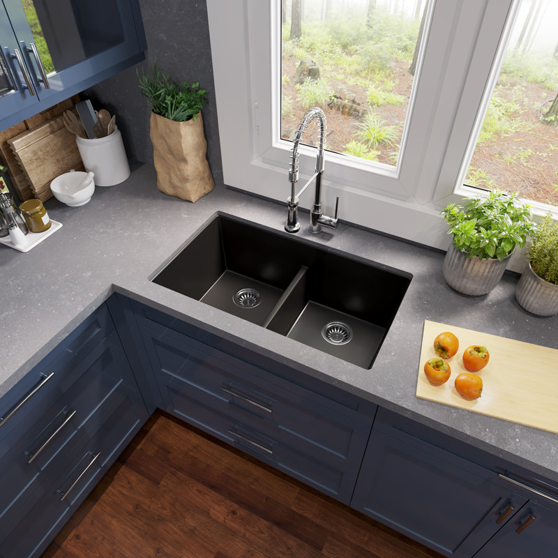 Low Divide 50/50 Double Bowl Undermount Granite Composite Undermount Sink, Black