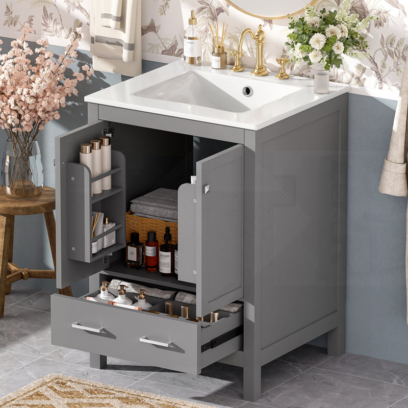 Meuble-lavabo moderne avec lavabo encastré intégré, portes à fermeture en douceur et solutions de rangement polyvalentes pour une organisation efficace.
