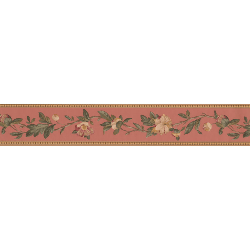 Bordure de papier peint floral et botanique Kreger Flowers on Vine Crimson Retro Design