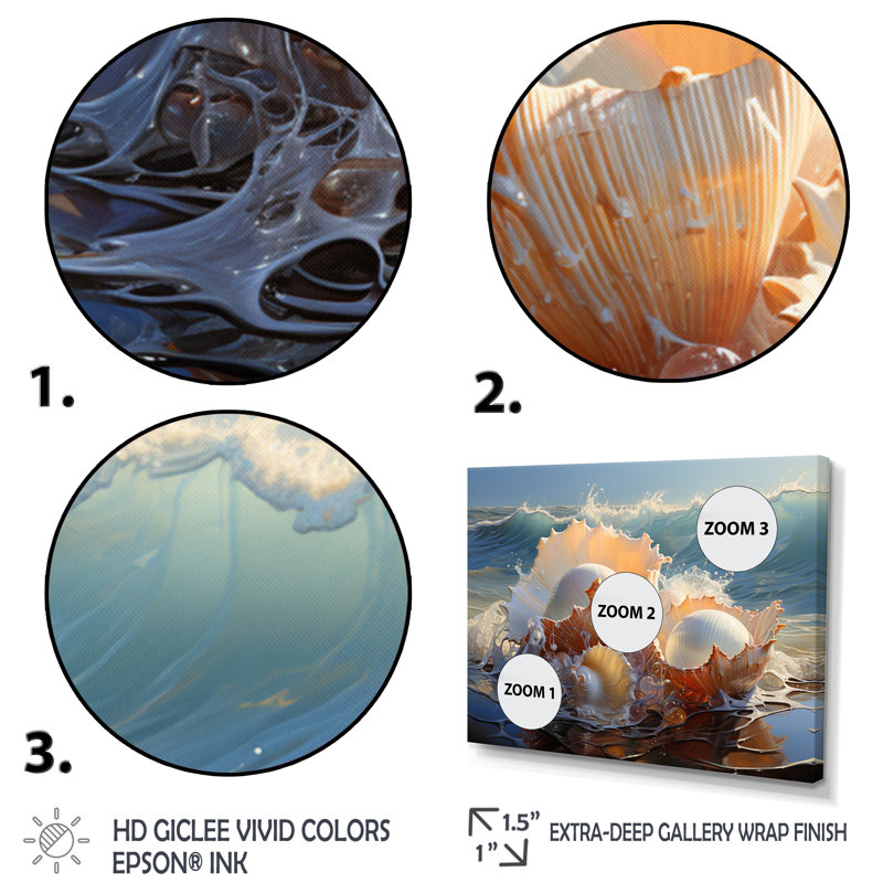 Coquillages blancs sur la plage - impression, Cadre flottant noir, H 34 po x l 44 po x P 1,5 po