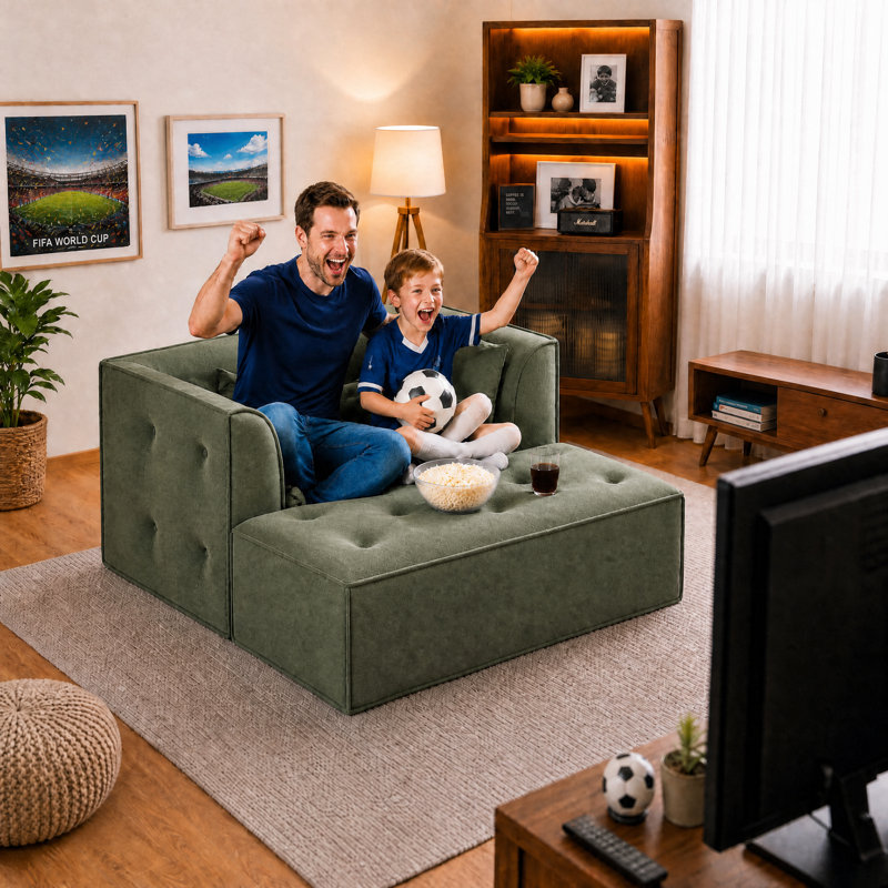 Boneless Modern Sofa With Removable Ottoman And Pillows, Green