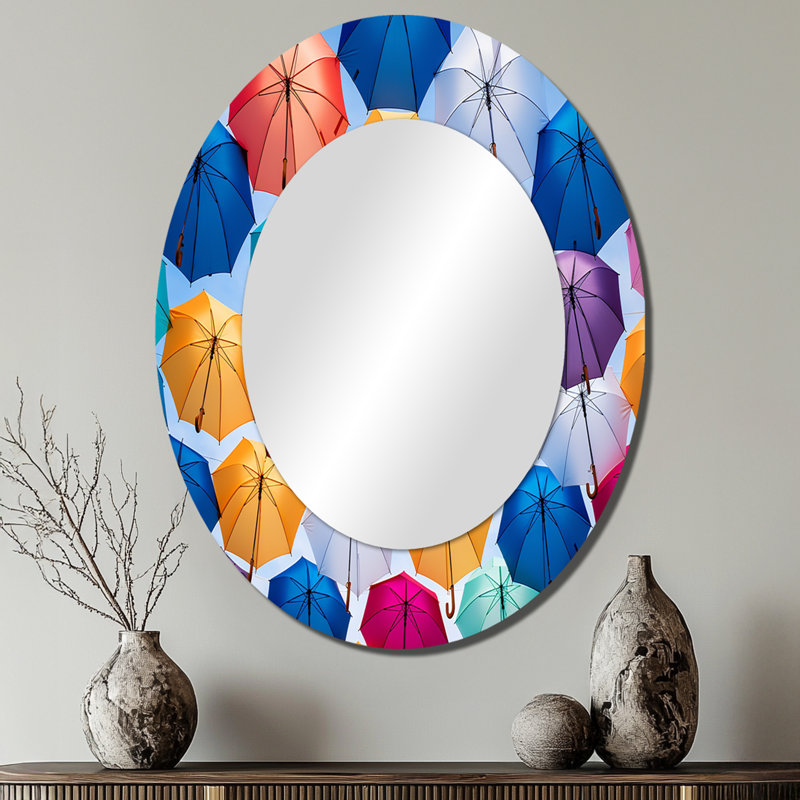 Sky Full Of Colorful Umbrellas I - Multi-Color Oval Wall Mirror Decor, 40" H x 30" W