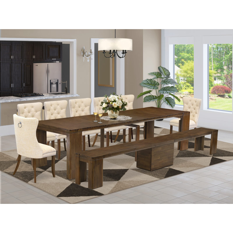 9 Pieces Dining Table Set contains an Extendable Rectangle Kitchen Table, 7 Polyester Fabric Dining Chairs and 1 Modern Bench, Antique Walnut