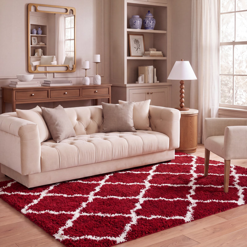 Tapis géométrique rouge / ivoire, 5'1" x 7'6"