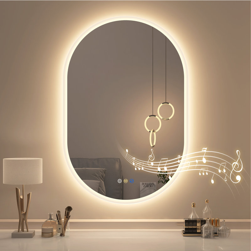 Oval Lighted Frameless Wall Mounted Accent Mirror, 90cm H x 60cm W