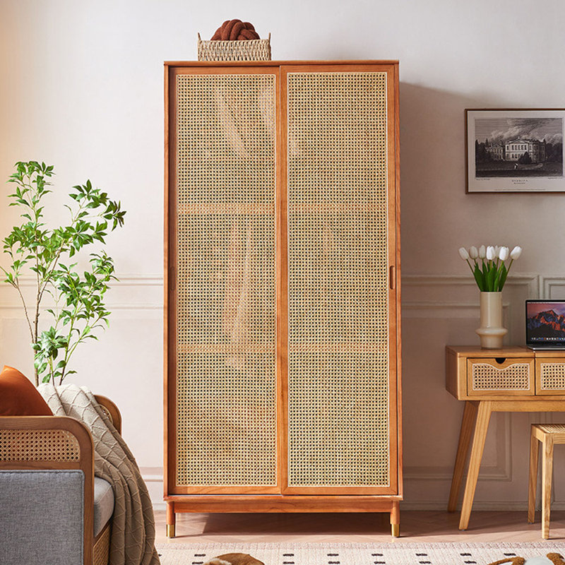 Armoire de rangement à double porte en rotin avec tiroirs