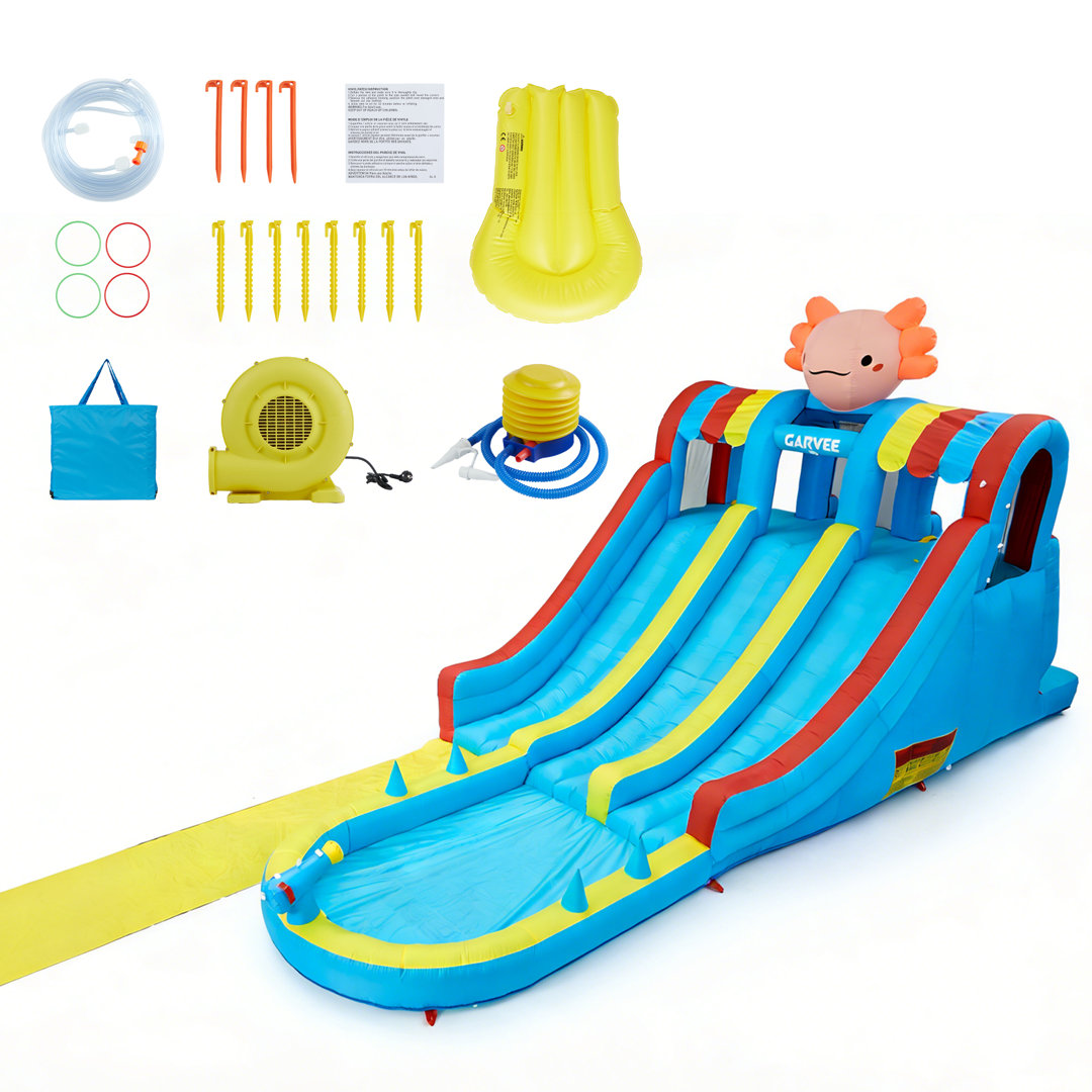 8-in-1 Kids Inflatable Water Park, Double Slides & Climbing Walls Bounce House, 840D/420D Oxford Fabric, 550W Blower, Full Accessories for Indoor & Ou