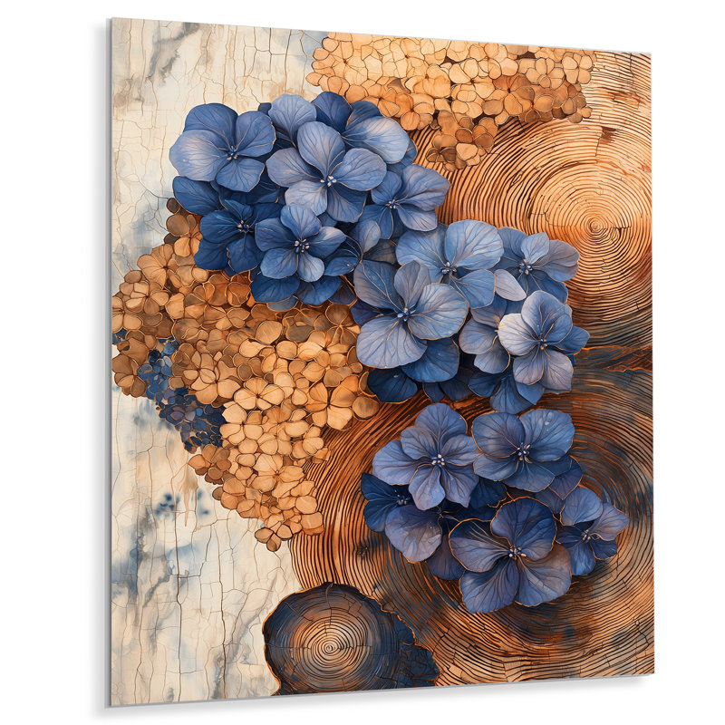 Aqua hydrangées fleurs sur glissoire en bois II - hydrangées, impression murale, H 32 po x l 16 po